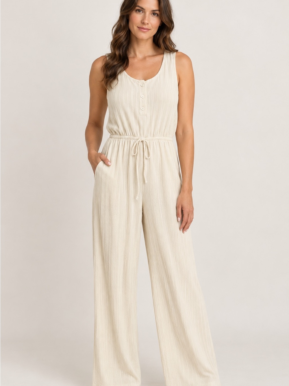 Emi & Joe Cream Ribbed Sleeveless Wide Leg
 Jumpsuit Women’s Large Resort Wear
